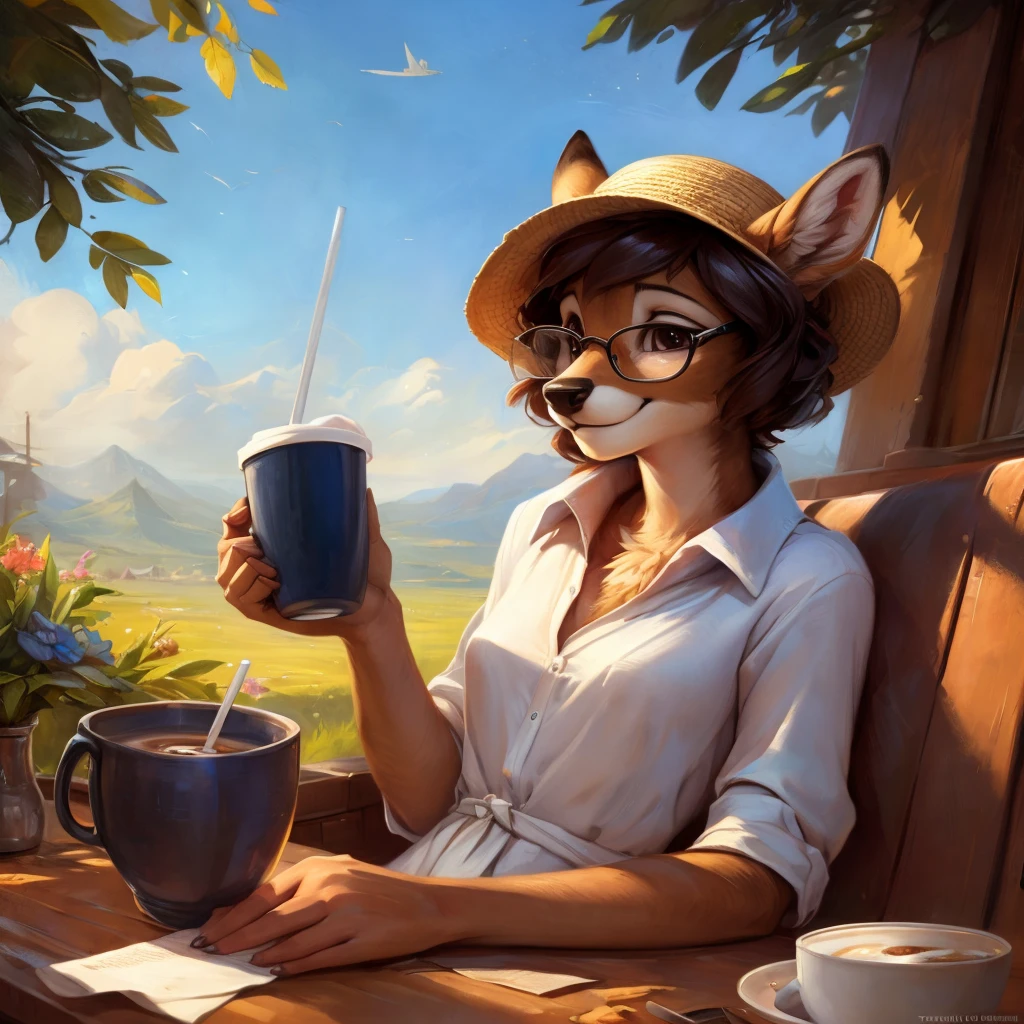 uploaded on e621, by Pixelsketcher, by Bayard Wu, by Thomas Benjamin Kennington , by Einshelm, by hioshiru and kenket, Chunie, portrait, solo anthro female deer doe, tiny featureless breasts, tiny breasts, clear dark blue, cinematic lighting, day, sunny day, sitting outside at a café, café background, french background, old french background, shiny, short curly dark brown hair, short hair, wears big black nerd glasses, very very beautiful furry art, furry art, thoughtful, shiny, feminine, cute face, muzzle, fluffy chest, flawless face, Fallow deer, 1girl, Sakimichan is beautiful, Masterpiece, Wavethesallow Face, shiny, Detailed image, portrait, Detailed image, portrait, wears pure white wide, big blouse, wears beige summer straw hat, shiny, realistic face, perfect anatomy, hourglass body, anthropomorphic deer, happy, very happy, small ears, huge black nerd glasses, wide happy eyes, look at viewer, smiles, big smile, holds big cup of coffee, hourglass body, (furry body:1.1), anthropomorphic deer, small fluffy tail, detailed background, (cute anatomy:1.1), looks into the distance