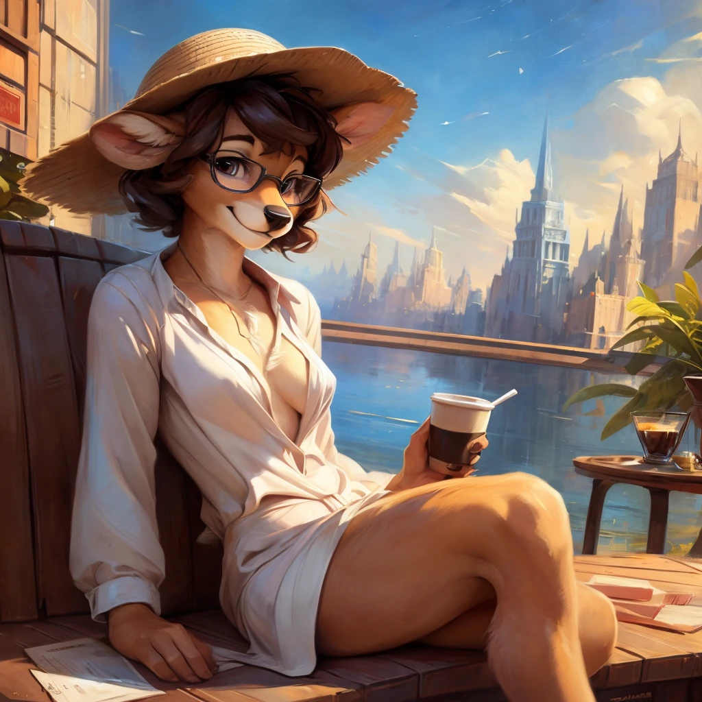 uploaded on e621, by Pixelsketcher, by Bayard Wu, by Thomas Benjamin Kennington , by Einshelm, by hioshiru and kenket, Chunie, portrait, solo anthro female deer doe, tiny featureless breasts, tiny breasts, clear dark blue, cinematic lighting, day, sunny day, sitting outside at a café, café background, french background, old french background, shiny, short curly dark brown hair, short hair, wears big black nerd glasses, very very beautiful furry art, furry art, thoughtful, shiny, feminine, cute face, muzzle, fluffy chest, flawless face, Fallow deer, 1girl, Sakimichan is beautiful, Masterpiece, Wavethesallow Face, shiny, Detailed image, portrait, Detailed image, portrait, wears pure white wide, big blouse, wears beige summer straw hat, shiny, realistic face, perfect anatomy, hourglass body, anthropomorphic deer, happy, very happy, small ears, huge black nerd glasses, wide happy eyes, look at viewer, smiles, big smile, holds big cup of coffee, hourglass body, (furry body:1.1), anthropomorphic deer, small fluffy tail, detailed background, (cute anatomy:1.1), looks into the distance