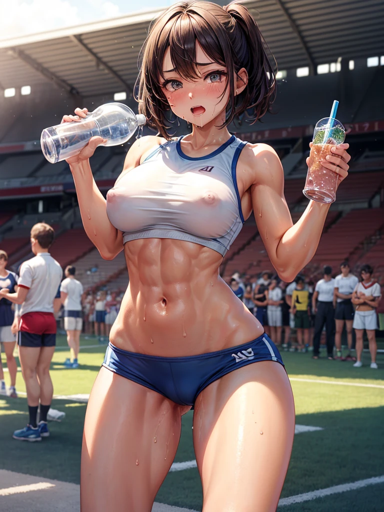 Highest quality,Highest Resolution,A beautiful girl in gym clothes crying at the stadium,High leg bloomers,Big Breasts,Transparent nipples,Belly button,Abdominal muscles,Muscular,Short Bob,sunny,whole body,sweat profusely,Open your mouth and drool,Drinking a bottle of drink,