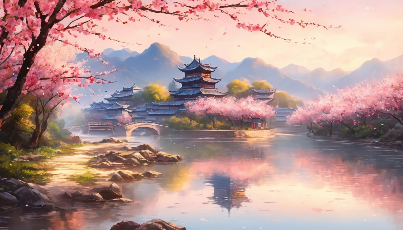 Peach blossom trees rising beside the river, Chinese style, Peach blossoms scattered in the middle of the screen, distant view ((background:1.8))
