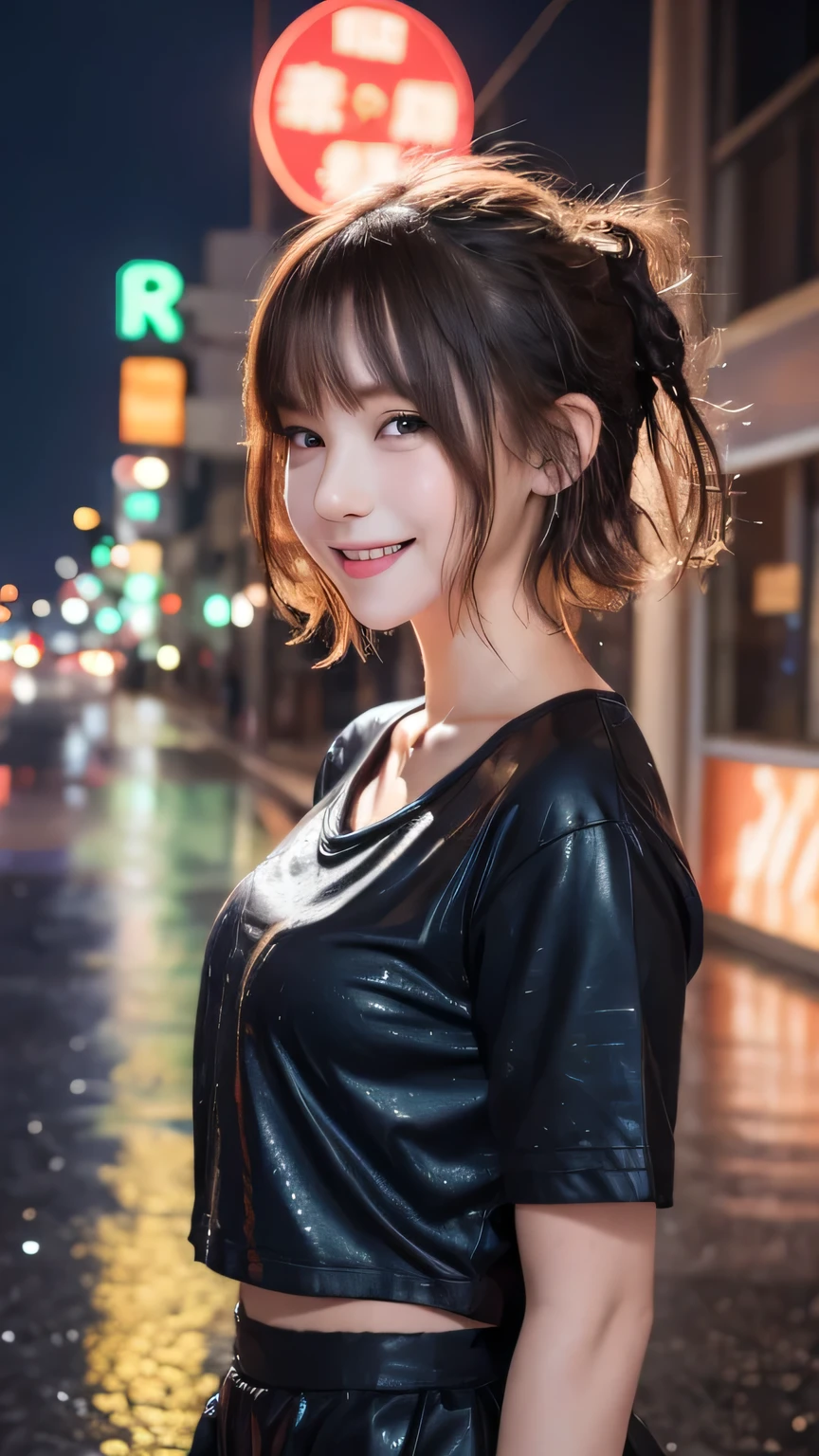 Best picture quality (8K, high resolution, Masterpiece: 1.2), super detailed, 215 Short Hair,Three braids long hair, 16-year-old woman,
situation: In the rain at night、Dancing in the neon-lit city。:1.5 details:
angle: A side view of the dancing、Enhanced neon lights and rain reflections。
atmosphere: The rain-soaked ground reflects the light、Fantastic atmosphere。
background: Neon-lit buildings and shopping streets。
The thunder danced beside her。Active Pause
, random cute pose ,big eyes ,Puffy eyes , Heart Pupil, blush , huge shy smile , salute