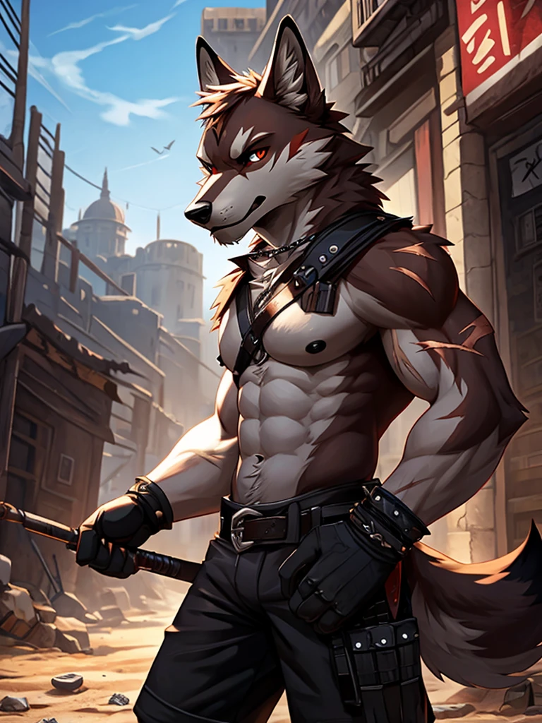 masterpieceы, fluffy, male, anthropomorphic, dark red wolf, Vein, slim build, tender eyes, Españolca, gray fur, White underbelly, shiny body, terrorist, Bandit, Punk, depth of field, perfect lighting, (Best quality),(masterpiece),(ultra detailed), sharp focus, Detailed wasteland background, shirtless, huge and juicy black nipples, fierce look, scars, black gloves, skinny black shorts