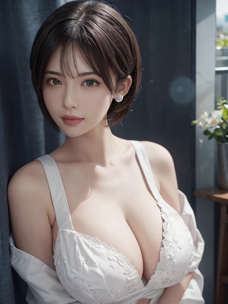 1 Girl、Highest quality、Realistic、alone、Written boundary depth、Natural soft light、Daytime、Cumbersome、Beautiful Face、Cleanliness、Pure Face、White skin、cute、short hair、Van、Light of the sun、Nedium Breast Body Esbian、((セーター黄金比のBeautiful Face 対称性のあるBeautiful Face))、Long neck、Show off your earrings with a lovely short bob hairstyle、Please close your mouth and laugh:1.7、Perfect hands指、Perfect hands、Perfect body、Perfect Face、Shine a light into your eyes、Perfect Anatomy:1.4、とてもcuteスーパーモデル:1.4、 (Huge boobs: 1.2), Has cleavage:2、Vans:2、Portraiture、Vans:2、Perfect Anatomy
