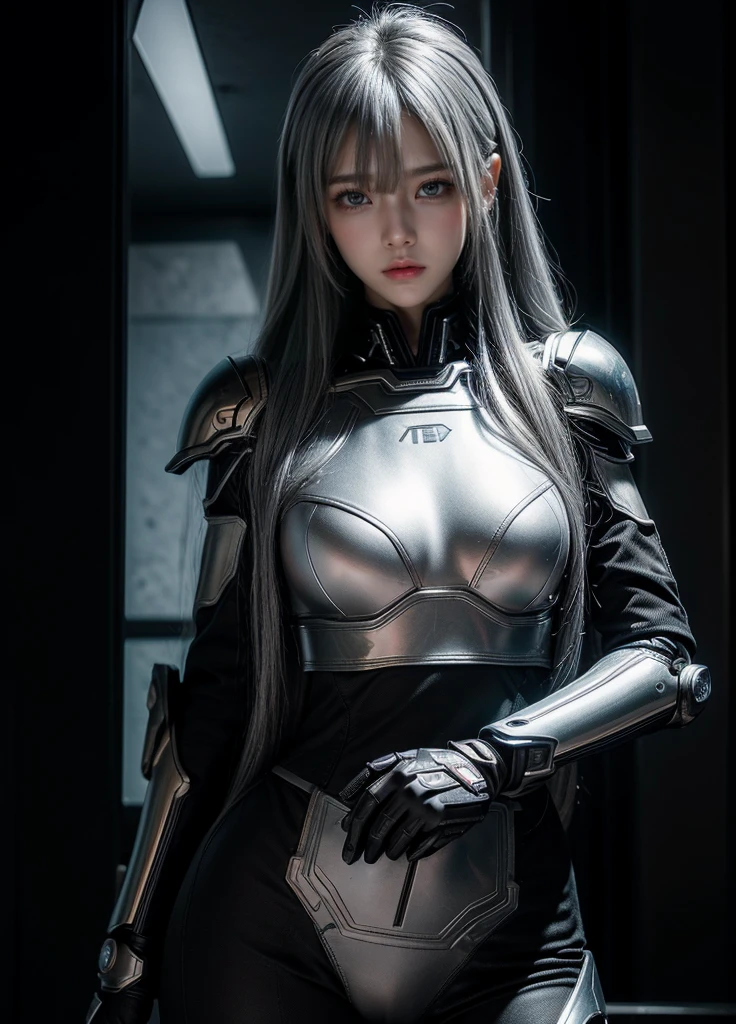 cyber angel,machine wing,{{Sci-Fi Armor}},cyber suit,cyberpunk,science fiction,cyber battle armor,Battledress,Military Uniforms,pants,black military uniform,whole body,Height: 168cm,almond shape eyes,{{{{{silver eyes}}}}},{{{{{dull bangs}}}}},(slanted eyes},{{whole body},{{{1 girl}}}, long hair, straight hair,{{{{silver hair}}}},{{{tsurime}}},30 years old,{Medium chest},{{bush}},silver eyes,{{{masterpiece}}}, {{{highest quality}}}, {{Super detailed}}, {shape}, {{very delicate and beautiful}},very detailed,detailed perfect,detailed hyper,Abundant thighs,big ass,black clothes