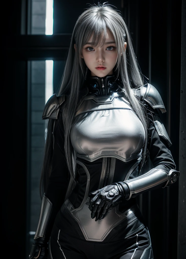 cyber angel,machine wing,{{Sci-Fi Armor}},cyber suit,cyberpunk,science fiction,cyber battle armor,Battledress,Military Uniforms,pants,black military uniform,whole body,Height: 168cm,almond shape eyes,{{{{{silver eyes}}}}},{{{{{dull bangs}}}}},(slanted eyes},{{whole body},{{{1 girl}}}, long hair, straight hair,{{{{silver hair}}}},{{{tsurime}}},30 years old,{Medium chest},{{bush}},silver eyes,{{{masterpiece}}}, {{{highest quality}}}, {{Super detailed}}, {shape}, {{very delicate and beautiful}},very detailed,detailed perfect,detailed hyper,Abundant thighs,big ass,black clothes