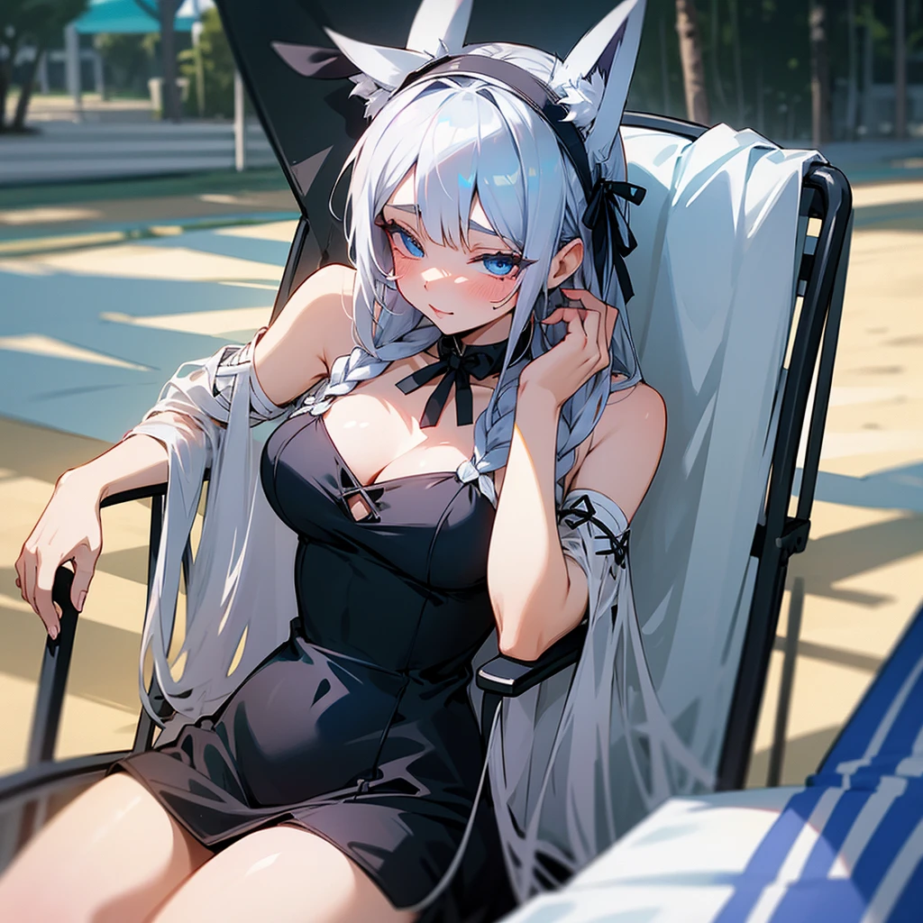 Silver hair braids, bunny ears headband, sexy black dress, cat, blue eyes, girl, beach chair