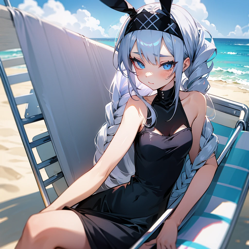 Silver hair braids, bunny ears headband, sexy black dress, cat, blue eyes, girl, beach chair