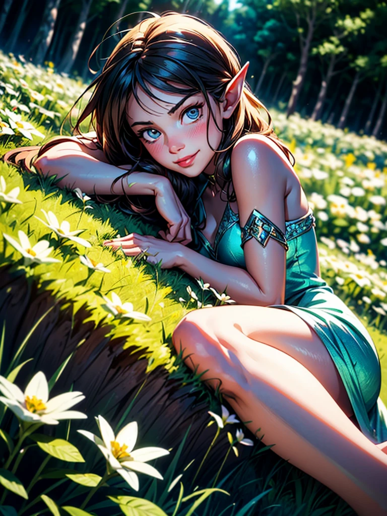 masterpiece, best quality, elf adventurer lying down in a field of white flowers, foliage dress, barefoot, looking at viewer, smug, smirk, blushing, (ultra-detailed body), dutch angle, cinematic, volumetric lighting, sunbeam, soft lighting, mystical, magical, rim lighting, fantasy, sparkle, glittering), sultry look, seductive,
