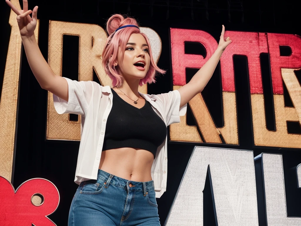 In the image, a young woman with pink hair stands on a TED Talk stage, confidently gesturing with her arms open. She is dressed casually in a colorful sweater vest over a white shirt and loose-fitting jeans. Behind her, the large, iconic red TED letters are prominently displayed against a backdrop of a stage and audience in black and white. The caption reveals that she is practicing for her TED Talk, expressing excitement and engagement with her audience