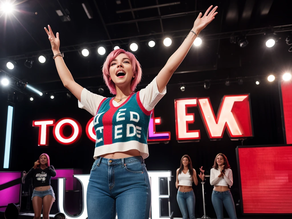 In the image, a young woman with pink hair stands on a TED Talk stage, confidently gesturing with her arms open. She is dressed casually in a colorful sweater vest over a white shirt and loose-fitting jeans. Behind her, the large, iconic red TED letters are prominently displayed against a backdrop of a stage and audience in black and white. The caption reveals that she is practicing for her TED Talk, expressing excitement and engagement with her audience