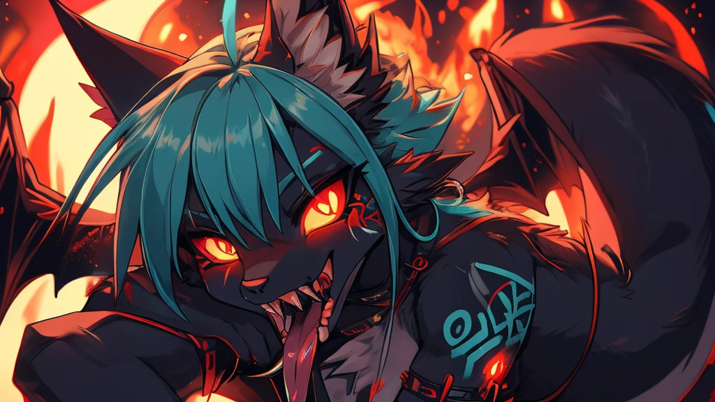 Miku Hatsune, add high definition_detail:1, blue fur,kitsune ears, tribal tattoo add_detail:1, in hell add_detail, diabolic girl, batwigns add_detail Ferocious fangs, sharp fangs, Demon yokai kitsune, long snake tongue add_detail:1