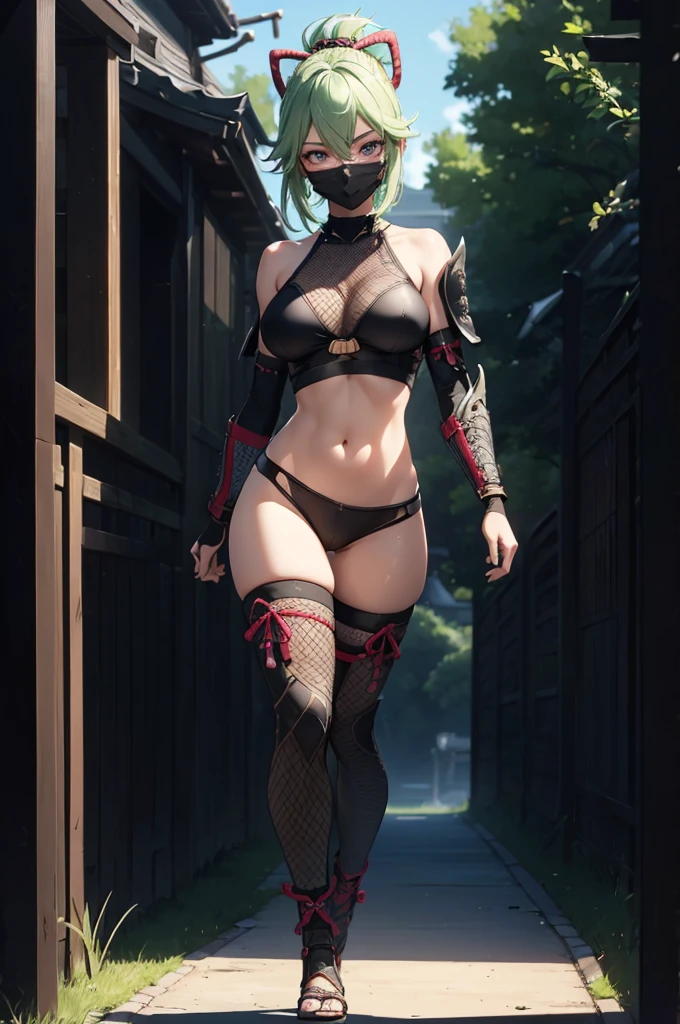 ((1girl, solo)), (((cowboy shot))), (legs apart:1.5), (large breasts:1.5), beautiful body, (perfect anatomy, perfect body, perfect hands, perfect legs), natural proportions, sexy body, (full body, full-body shot, full body front:1.5) BREAK

((extremely detailed face)), (beautiful detailed eyes:1.6), (realistic pupils, realistic iris:1), expressive eyes, looking at viewer, (clear eyes:1.3), (hyperrealistic:1.2), (detailed skin texture:1.2), smooth skin, kuki shinobu, purple eyes, green hair, ((mouth mask)), ninja mask, perfect face, perfect eyes BREAK

ninja, (fishnet top:1.5), (crop top:1.5), cleavage,   (bare shoulder), elbow gloves, (arm guard:1.3), partially fingerless gloves, midriff, black panties, ((black thighhighs)), (((greaves))), sandals, (revealing clothes:1.5), (samurai armor:1.5), thighs, ass visible through thighs, (((thigh gap))), tassel, shimenawa, skindentation BREAK

outdoor, (day:1.5), (rural japan:1.3), shade of trees, trees, ((bright light)) BREAK 

(masterpiece:1.5), anime-style, top quality, best quality, (beautiful and aesthetic:1.2), (ultra detail:1.5), Ultra-detailed depiction, Ultra-precise depiction, extremely detailed 8k illustration, high resolution, (highly detailed shading:1.2), (realistic lighting:1.4), perfect lighting, vibrant colors, dynamic tones, striking hues, 8k, absurd resolution, perfect shadows, hdr, UHD, ambient lighting, realistic, ultra-realistic, photo realistic, highly detailed, rich detail, luminous colors, fine texture, intricate design, professional illustration, (soft light:1.2), (illustration:0.7)