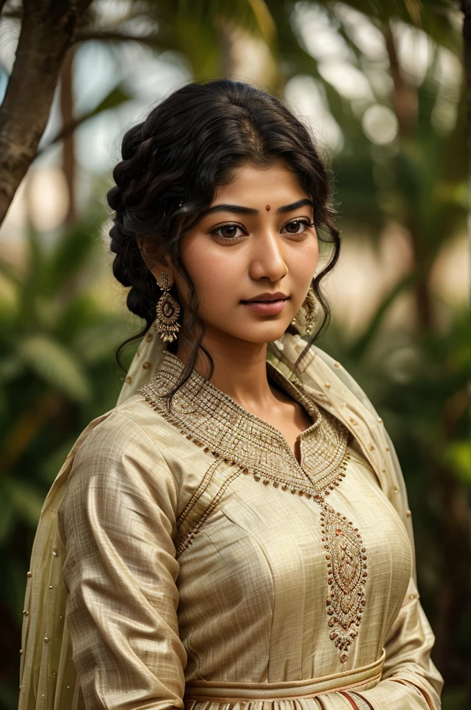 ultrarealistic hires close up photo of a 30-year-old sai pallavi woman, outdoors, realistic skin texture, looking looking at camera, high collar intricate (salwar_kameez_chunni:1.2), beautiful bokeh background