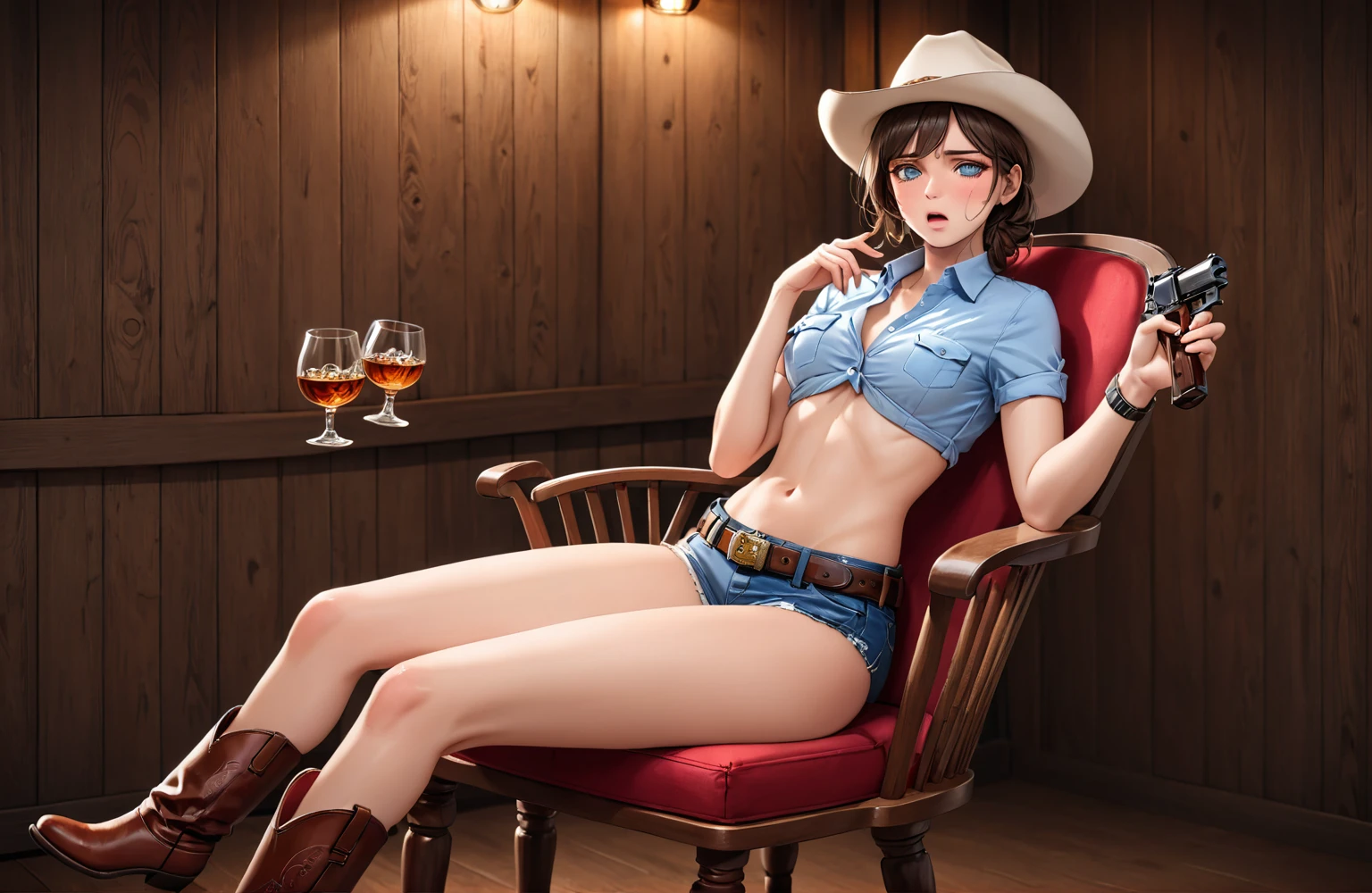 (((1 person:2.5))),(((NSFW:0.5))),(((Wear denim hot pants:1.5))),(((Wear a short-sleeved collared shirt:1.5))),(((Wear a gun belt with a holster:1.8))),,((Wear a watch on your wrist:1.5))),(((Showing cleavage))),(((Exposed thin inner thighs))),(((Small breasts:1.5))),(((Navel exposed:1.5))),(((Bare arms))),(((Put on your boots:1.5))),((Blushed:1.8)), Beautiful detailed girl, Very detailed目と顔, 緻密でBeautiful Eyes, Very detailed, High resolution, Highest quality, masterpiece, Very detailed, 8k wallpaper, wonderful, finely, Highest quality,(Standing in front of a wooden wall),Beautiful Eyes,((Engage your audience:1.5)),((Cowboy Shot:1.5))),((Front shot:1.2)),((Drinking whiskey:1.4)),(((Drunk:1.8))),(((Sit on a chair:1.2))),(((Crying face:0.8)))