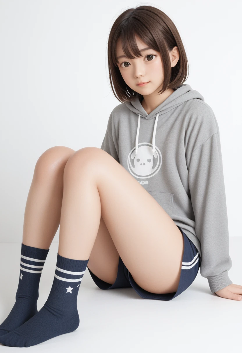 ((((Flat Chest)))),((1 Girl)),((alone)),((Highest quality)), (masterpiece),((High resolution)),beautiful girl,model,Japanese,(No makeup),Medium Bob,Brown Hair,Perfect body,Small and perfect nipples,Random Background,Grey sweatshirt shorts、Knee-high socks、ニーKnee-high socks