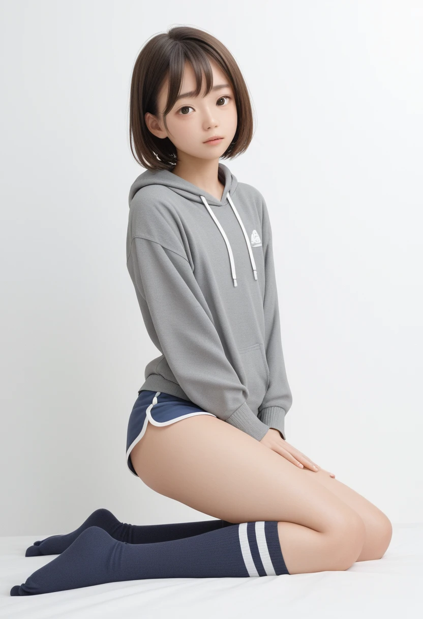 ((((Flat Chest)))),((1 Girl)),((alone)),((Highest quality)), (masterpiece),((High resolution)),beautiful girl,model,Japanese,(No makeup),Medium Bob,Brown Hair,Perfect body,Small and perfect nipples,Random Background,Grey sweatshirt shorts、Knee-high socks、ニーKnee-high socks