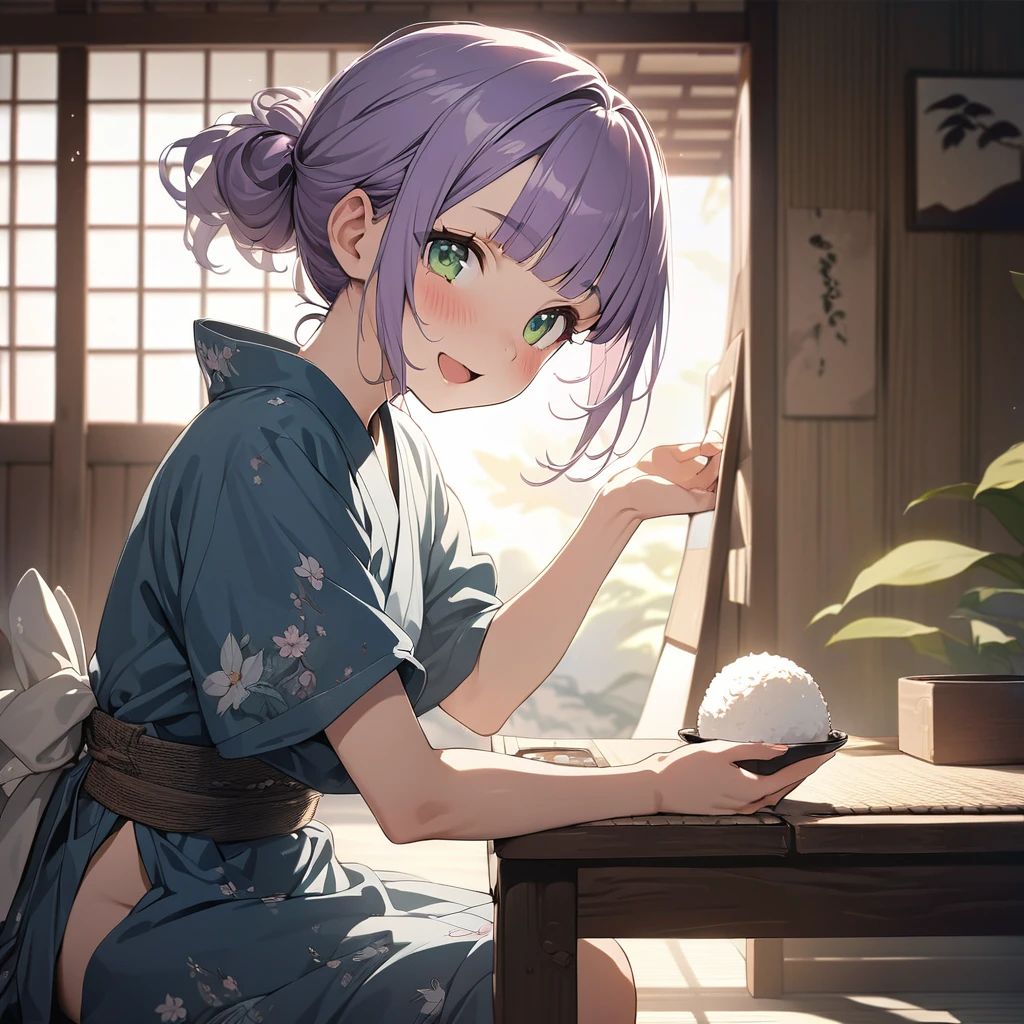 masterpiece, ultra detailed, 8K, full body shot,, a girl, kawaii, light atmosphere, (Cute a girl:1.5), (one girl with pale purple hair, wavy two braids, blunt bangs hair, green and black eyes :1.4), anime visual, (tilt head:1.3), extremely delicate face, realistic lighting and shading, (an extremely delicate and beautiful art:1.3),muted colors, blush, Wearing a white yukata Morning glory pattern, A tatami room, a girl making tea for a guest, a teapot, green tea,smiling, a Girl spreads her legs and opens her yukata to reveal her nipples and pussy, nsfw,