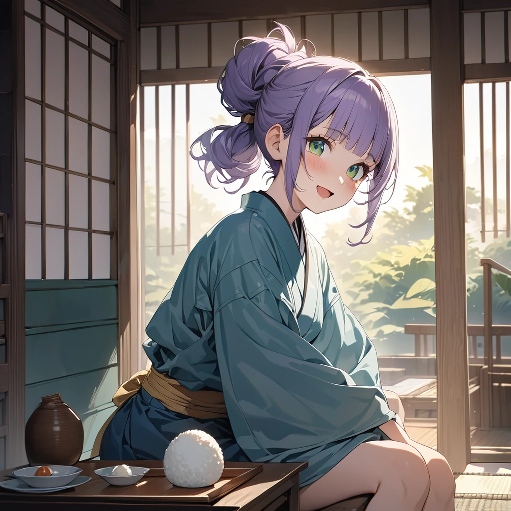 masterpiece, ultra detailed, 8K, a girl, kawaii, light atmosphere, (Cute a tsundere girl:1.5), anime visual, (tilt head:1.3), extremely delicate face, realistic lighting and shading, (an extremely delicate and beautiful art:1.3), a girl,blush,
from side, cowboy shot, pale purple hair, blunt bangs hair, green eyes, a girl is wearing a navy blue japanese kimono, a cooking apron, her hair tied back, look at viewer, Eating a rice ball wrapped in seaweed with an open mouth, smiling,A girl sitting at a low table in front of a tatami room,