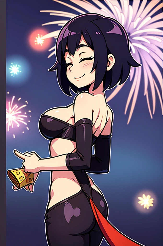absurd resolution, high resolution, (Masterpiece: 1.4), super detailed, (1 woman: 1.3), (Alone: 1.4), Fireworks, short bob, short bob, kimono, looking back, Closing the eyes, smiling, light, Makoto Shinkai Style, super closeup face, Ultra-thin illustration, vivid colors, cinematic light, exciting light production, Attention to details, vivid colors, Forks, kimono, large side breasts, looking back, happy, SMILE, from below,