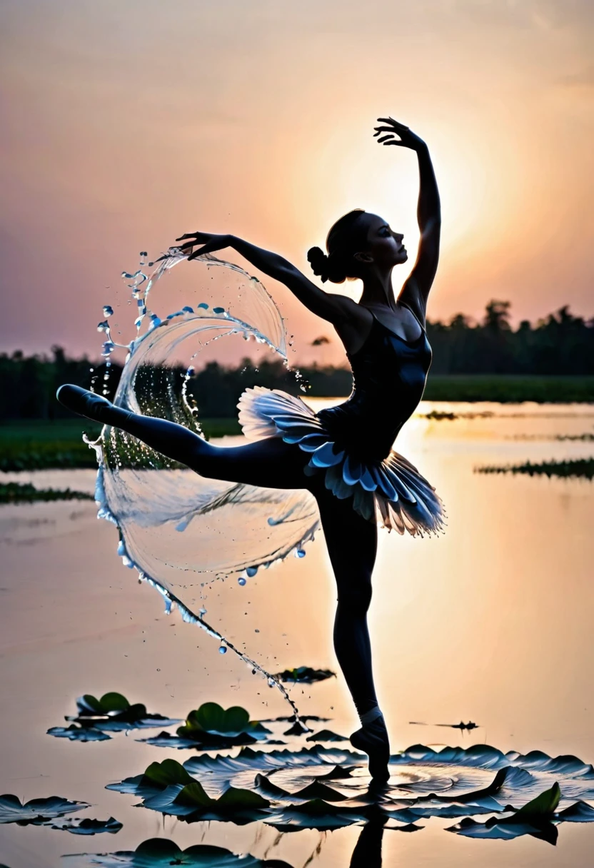 rainstorm，Rain splash，Huge waterspout，Girl shows black silhouette,Contrast with bright background,ballet silhouette,High contrast,Silhouette ballerina on the lake,lotus, lily pad，Shooting against the light，