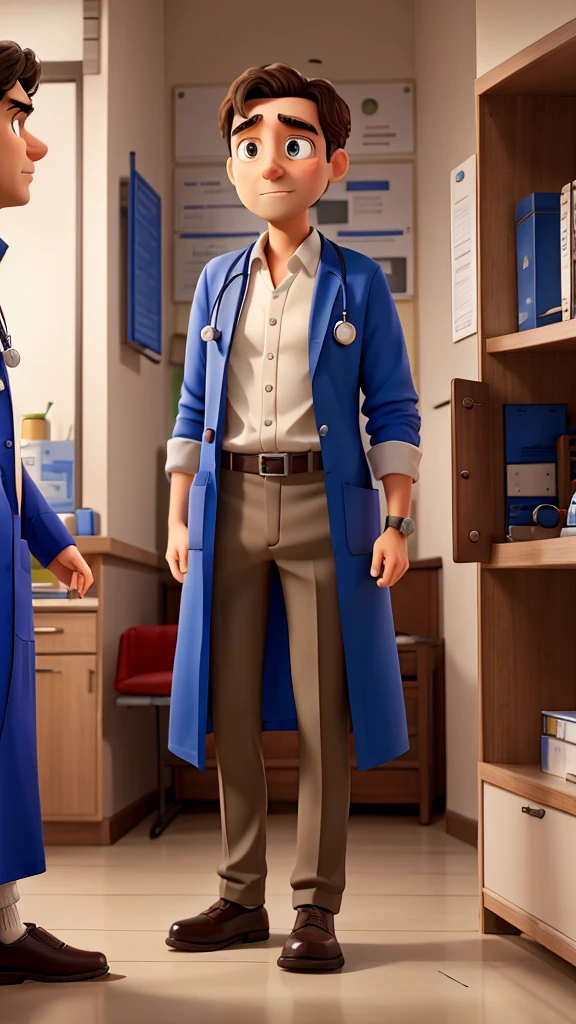A doctor's clinic with a worried patient talking to the doctor.