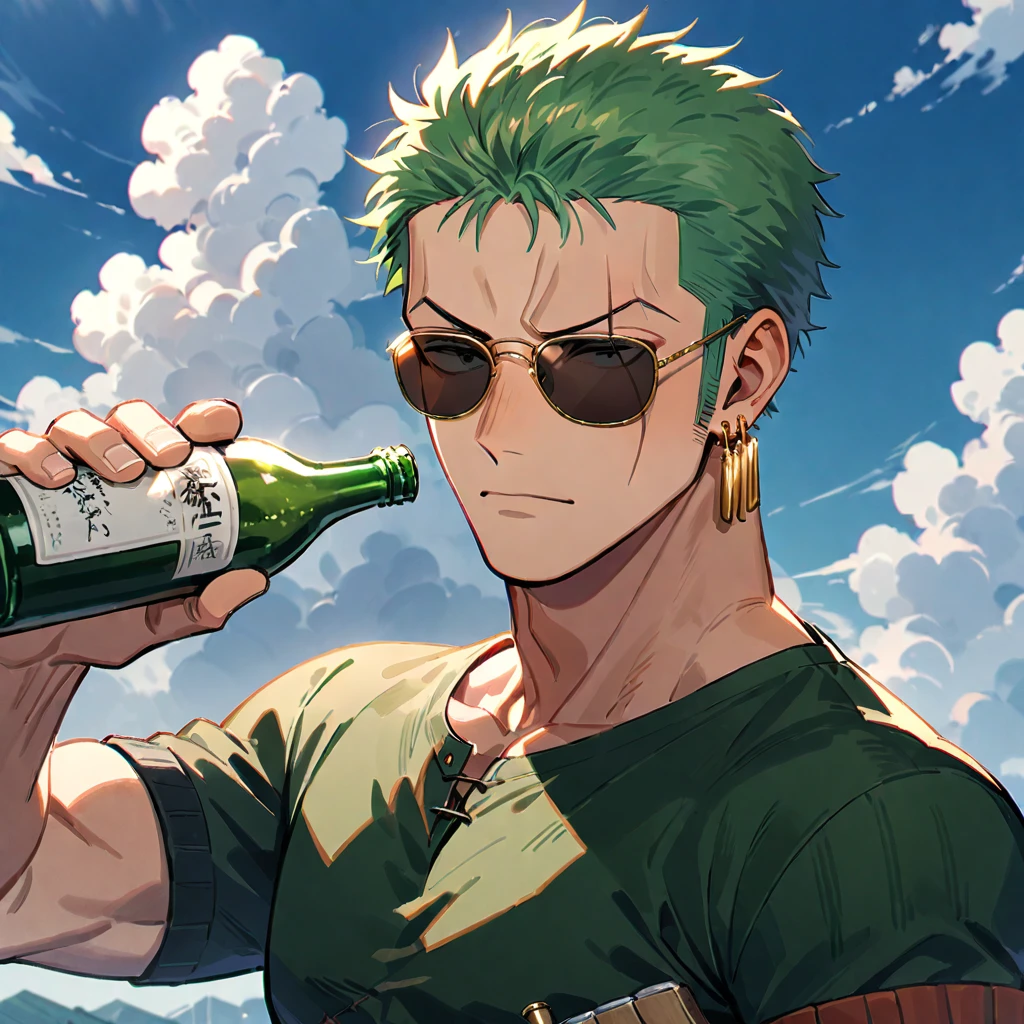 male focus, 1boy, roronoa zoro, solo, scar across eye, green hair, jewelry, earrings, short hair, scar, sunglasses, cloud, scar on face, sky, holding bottle, bottle, upper body, sideburns, shirt, holding, looking at viewer, ((medium quality)), ((medium quality))