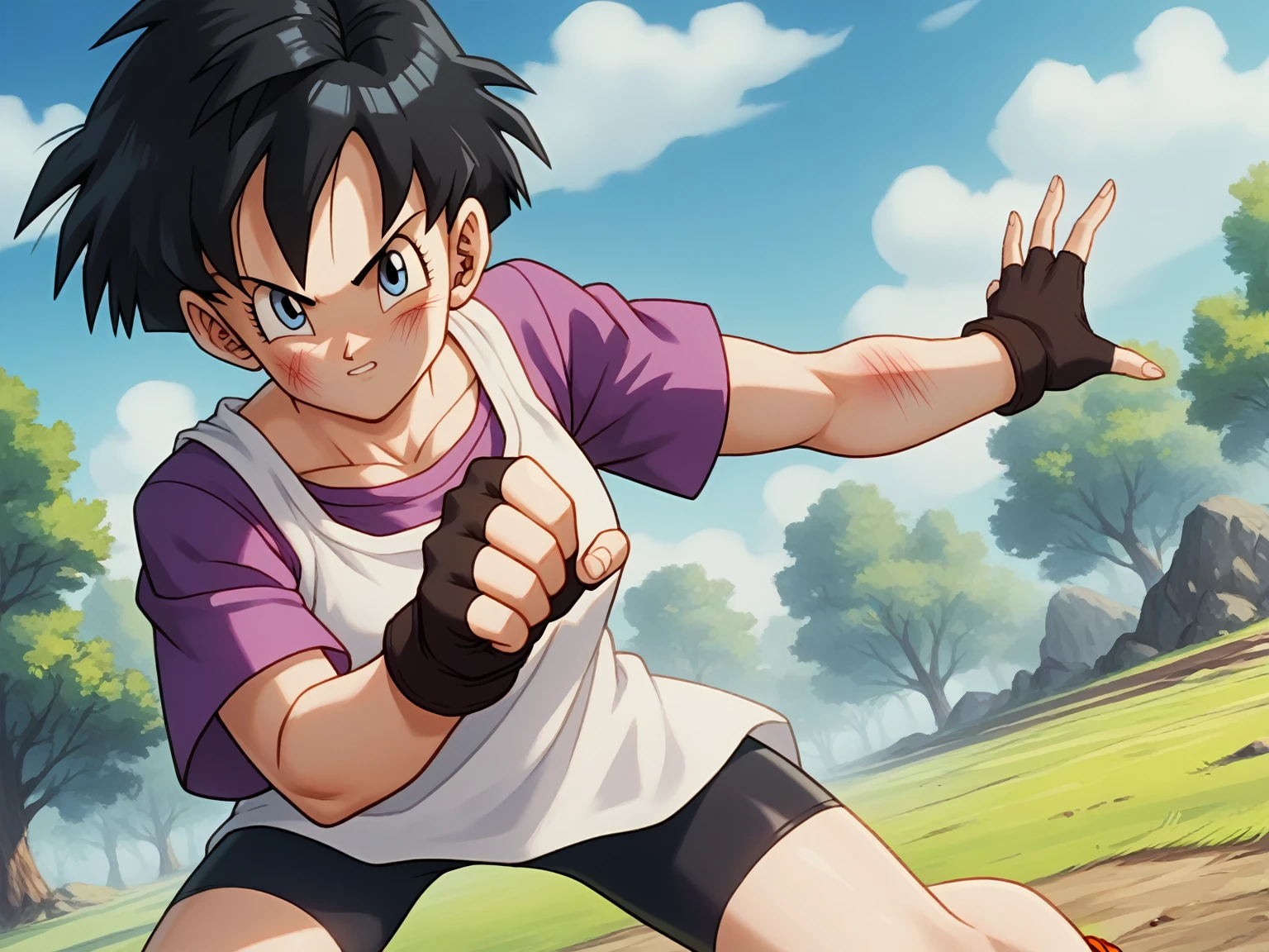 Videl, 1girl,  blue eyes, shadows,  blue eyes, short hair, spiked hair, white shirt, purple shirt,  masterpiece, best quality,  absurdres, perfect lighting, score_9,  score_8_up, score_7_up source_anime, fighting pose, fingerless gloves, bike shorts, open field, trees, rocks, looking at viewer, scratches