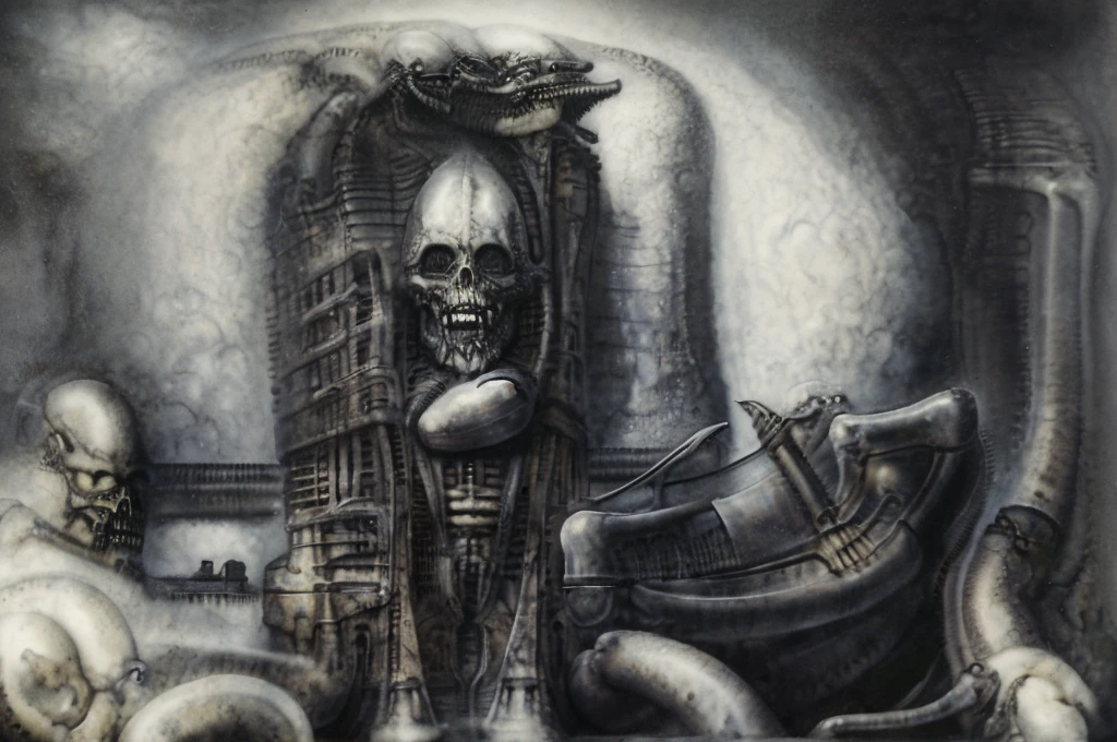 The image is a detailed view of H.R. Giger's biomechanical tableau \" Landscape XVI \" plate, featuring.
(airbrush painting, Giger's alien in front of broken alien ship in landscape, natural light, sharp focus, illustration, highly detailed, digital painting, concept art, matte, art by gric and kozhanov and moebius and Alphonse Mucha, masterpiece, HDR ,UHD , uplight, in HRGigerArhP style);1.
surrealistic painting of a monster with multiple tentacles and a body that looks like a brain, surrounded by a chaotic scene of swirling clouds and other monsters
It's a complex network of bones and organs in eldritch color scheme:a greenish-brown hue ,swirling gery and brown colors. The artwork is silverish and green brown, with an ivory bones prominently displayed. The image is highly detailed and intricate, almost like a 3d version of a medical sketchwork.
The piece is a tableau, most likely created with a India ink pen or pencil on paper, determined by the thin lines, shading techniques, and the texture of the paper, which is visible around the edges.
Used is pen, given the shading and variations in line weight visible in the image. Artist have used a variety of stylus with different degrees of hardness to achieve the shading effects.
The use of undersaturated green-grays dark contrasts creates a stark and graphic look. Is used a variety of linework techniques to create different textures. Fine, parallel lines create a smooth, metallic texture,while thicker, more cursive lines suggest cables or wires.
Light source from the top highlights skeletals, pper part of foreground, lower part of image is in shadowupper part of foreground, lower part of image is in shadow.
The art performance showcases the artist’s skills in observation and rendering. The level of detail in the piece suggests a close study of real bone specimens and mechanics. The artist has skillfully used shading techniques to create a convincing illusion of three-dimensionality on a flat surface. The wrinkles