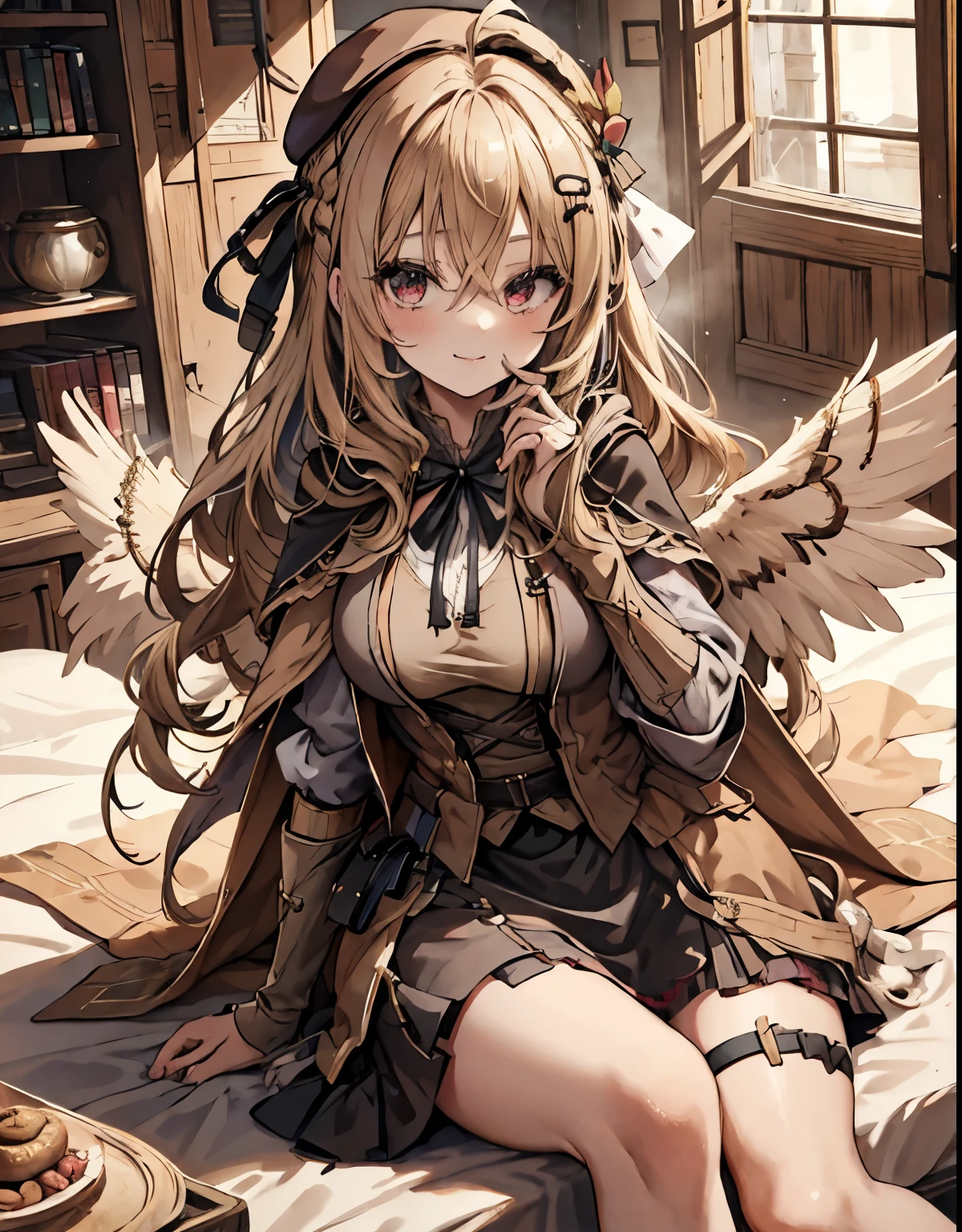 masterpiece,1girl, sparrow, a blonde haired girl, wearing a medieval villager clothes, curly long hair, messy hair, black skirt, slim body, wearing hair ribbon, wearing brown capelet with hoody, big breasts, she close her left eye, shirt ornament, lolippai, seductive expression, beautiful breasts, rounded breasts, crimson eyes, dress, miniskirt, sit in medieval bed, ahoge, seductive smile, breast armor, braid hair, invite to sit together, brown beret, brown vest, wearing monocle, azusa_bluearchive, black stocking