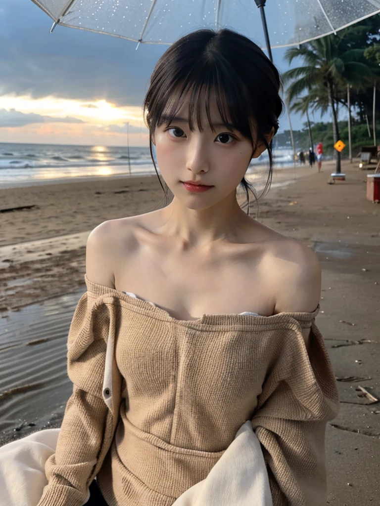 highest quality,RAW Photos , 19 year old Japanese female idol, From above , Face Focus , Face close-up ,
Selfie,Lying on the ground, ((Off-the-shoulder tops , Cold shoulder top , clavicle , Exposing shoulders ,Cleavage ,))short hair, Bowl Cut ,Cute Face ,Edgy,Drooping ,clavicle,Muddy Waters , Overflowing ,Wet ,Selfie, Pale skin,At the Beach, rain,night,