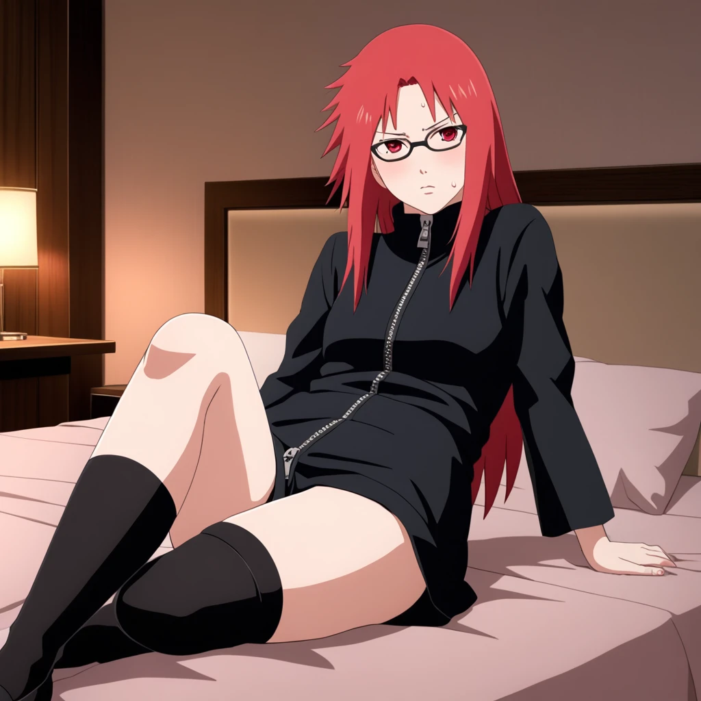 Red hair, 1 Girl, Glasses, Long hair, Red Eyes, Solitary, Long gown, Black over-the-knee stockings, 黑色shorts, Umbilical cord, Looking at the audience,Medium , No students, Keep your legs together, zipper,Closed-toe shoes, Japanese cartoons screencap, Japanese cartoons coloring,src_Japanese cartoons,Naruto \(series\), Naruto shippuuden,（（blush，nervous，Vision，））masterpiece， absurd ， （Intricate details）， （Colorful）， light， Extremely detailed CG unity 8k wallpaper ，1 Girl， solo，（shy，In the hotel，Lying on the bed，night，blush，nervous，Sweating，蕾丝dress， ），sweat，blush，blush1.5，Blush，Medium chest，（（dress，Vest，shorts，Black stockings，luxurious hotel，night，））