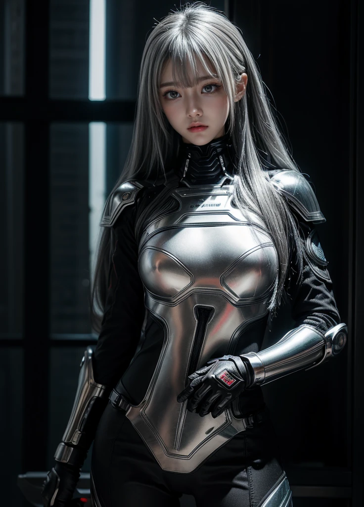 cyber angel,machine wing,{{Sci-Fi Armor}},cyber suit,cyberpunk,science fiction,cyber battle armor,Battledress,Military Uniforms,pants,black military uniform,whole body,Height: 168cm,almond shape eyes,{{{{{silver eyes}}}}},{{{{{dull bangs}}}}},(slanted eyes},{{whole body},{{{1 girl}}}, long hair, straight hair,{{{{silver hair}}}},{{{tsurime}}},30 years old,{Medium chest},{{bush}},silver eyes,{{{masterpiece}}}, {{{highest quality}}}, {{Super detailed}}, {shape}, {{very delicate and beautiful}},very detailed,detailed perfect,detailed hyper,Abundant thighs,big ass,black clothes