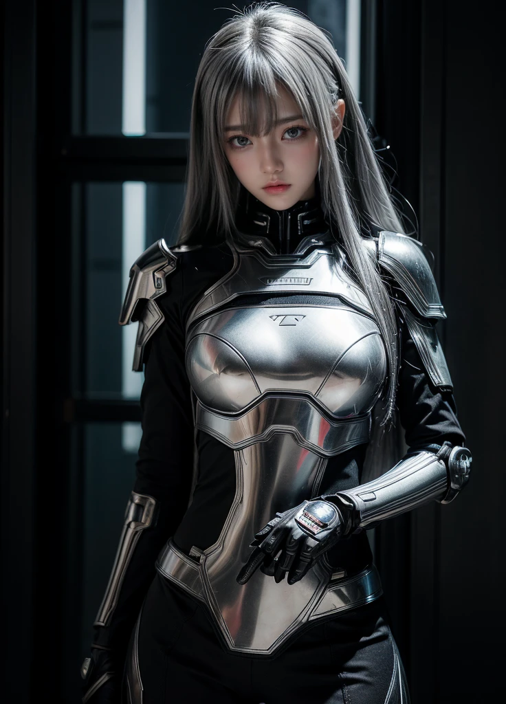 cyber angel,machine wing,{{Sci-Fi Armor}},cyber suit,cyberpunk,science fiction,cyber battle armor,Battledress,Military Uniforms,pants,black military uniform,whole body,Height: 168cm,almond shape eyes,{{{{{silver eyes}}}}},{{{{{dull bangs}}}}},(slanted eyes},{{whole body},{{{1 girl}}}, long hair, straight hair,{{{{silver hair}}}},{{{tsurime}}},30 years old,{Medium chest},{{bush}},silver eyes,{{{masterpiece}}}, {{{highest quality}}}, {{Super detailed}}, {shape}, {{very delicate and beautiful}},very detailed,detailed perfect,detailed hyper,Abundant thighs,big ass,black clothes