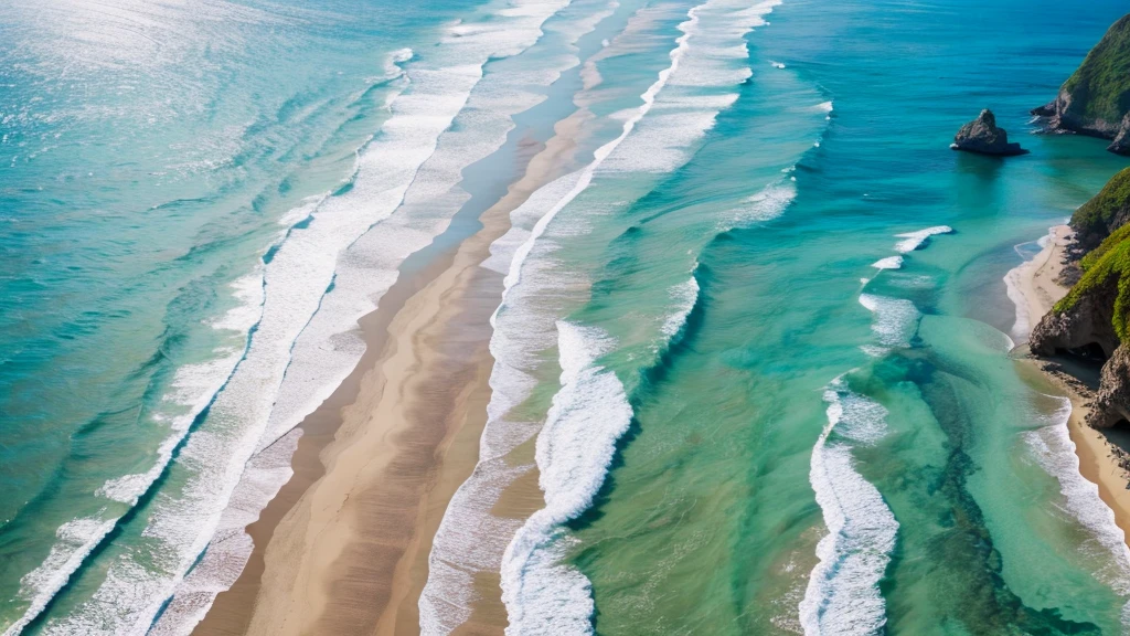 landscape photo 4k high detail beach midday noon sun bright white sand crystal blue water waves surf