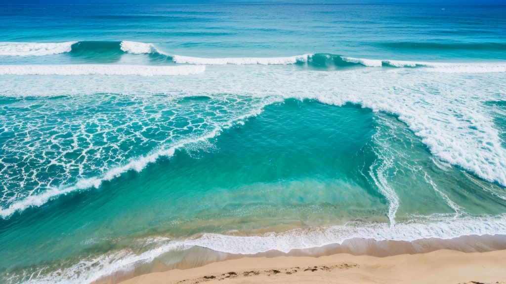 landscape photo 4k high detail beach midday noon sun bright white sand crystal blue water waves surf