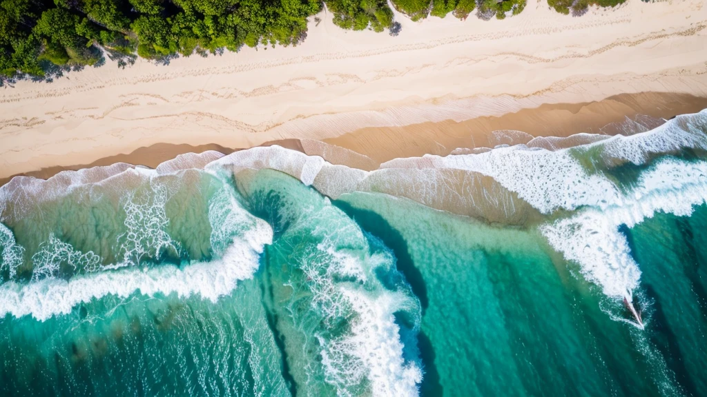landscape photo 4k high detail beach midday noon sun bright white sand crystal blue water waves surf