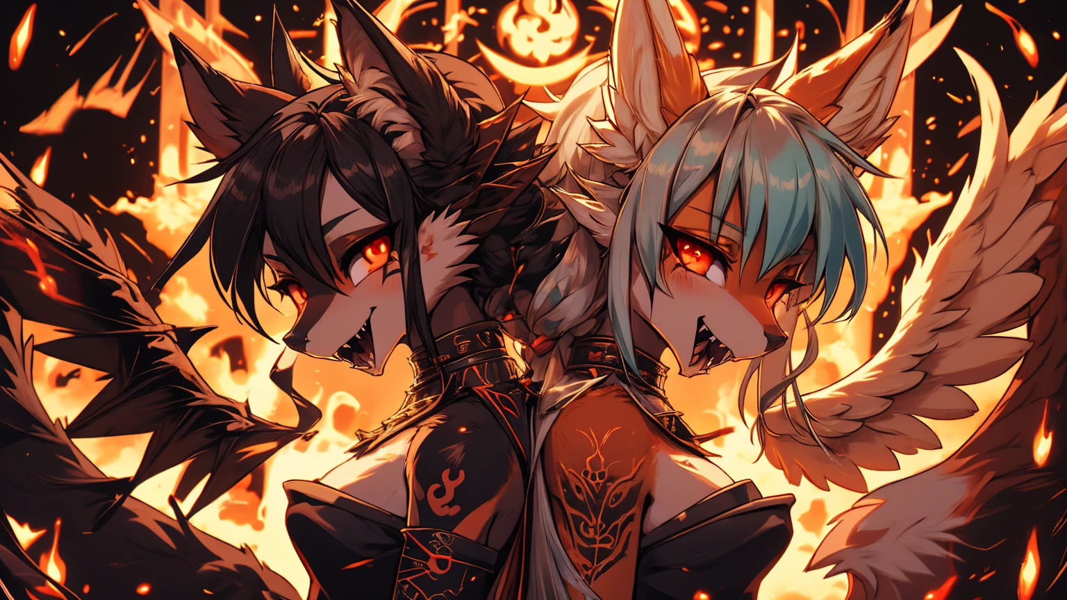  Two girls back to back, duality good and evilMiku Hatsune, add high definition_detail:1, blue fur,kitsune ears, tribal tattoo add_detail:1, hell&heaven add_detail, diabolic girl, batwigns add_detail Ferocious fangs, sharp fangs, demon yokai kitsune add_detail:1. Dualidad hatsume miku add high definition_detail:1 , blue fur, slave dd kitsune, angelic girl, angel girl add_detail:1