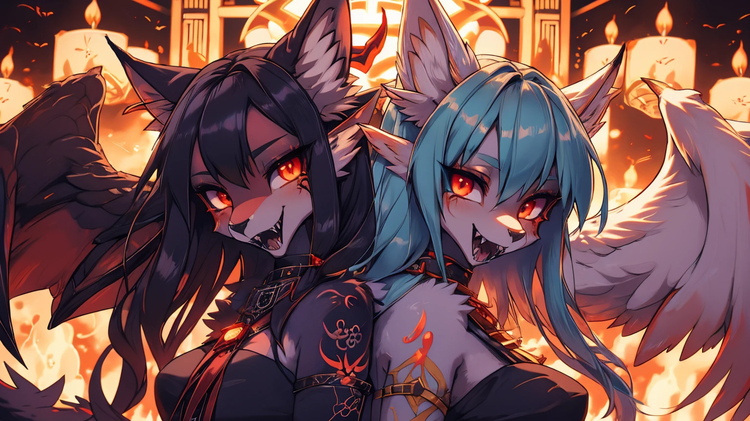  Two girls back to back, duality good and evilMiku Hatsune, add high definition_detail:1, blue fur,kitsune ears, tribal tattoo add_detail:1, hell&heaven add_detail, diabolic girl, batwigns add_detail Ferocious fangs, sharp fangs, demon yokai kitsune add_detail:1. Dualidad hatsume miku add high definition_detail:1 , blue fur, slave dd kitsune, angelic girl, angel girl add_detail:1