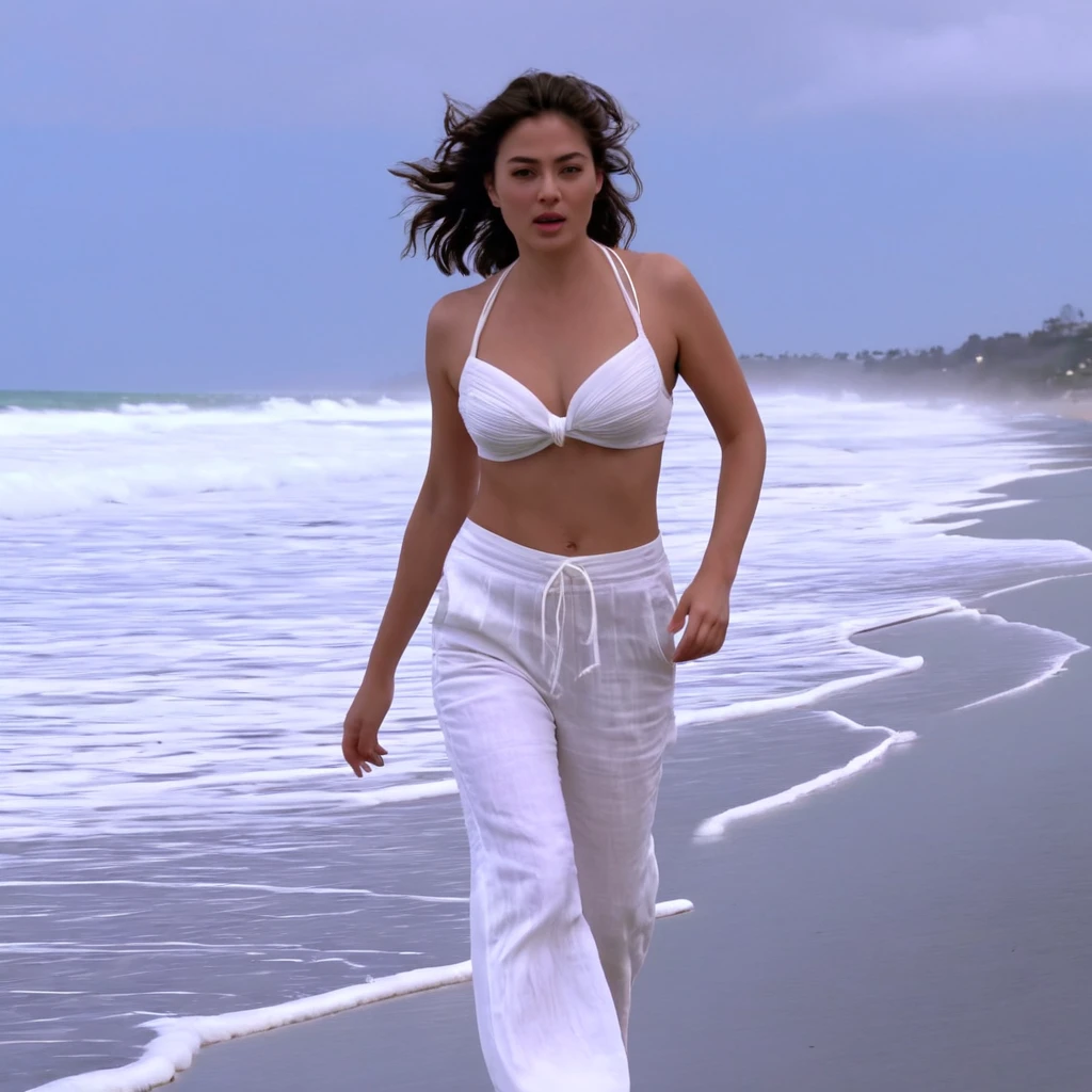 from side, view of woman walking from right to left along beach, long stride, turns head and looks at viewer, on beach, camera view towards ocean, Karen, half Mexican half white, gray-green eyes, arched eyebrows, very large chest, curvaceous, fit, brunette hair tousled, walking with long strides on the beach from left side of picture to right side of picture with head turned towards viewer, long white linen pants, she takes off top, ocean in the background, long shot camera angle, no top, after taking off top, walking from right to left along beach, very large chest
