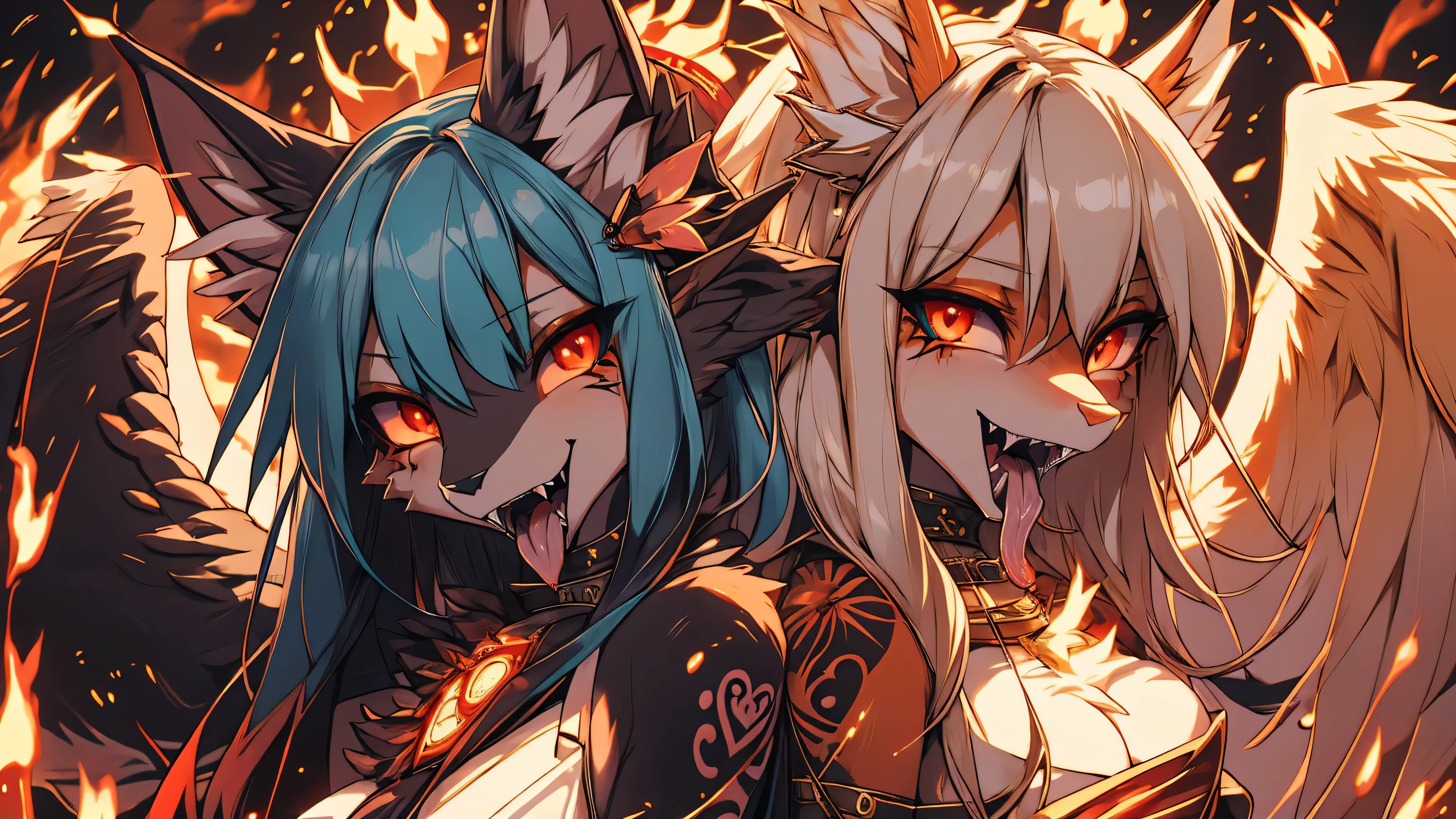 Two girls back to back, duality good and evilMiku Hatsune, add high definition_detail:1, blue fur,kitsune ears, tribal tattoo add_detail:1, in hell add_detail, diabolic girl, batwigns add_detail Ferocious fangs, sharp fangs, Demon yokai kitsune, long snake tongue add_detail:1. Dualidad hatsume miku add high definition_detail:1 , blue fur, slave dd kitsune, angelic girl, angel girl add_detail:1