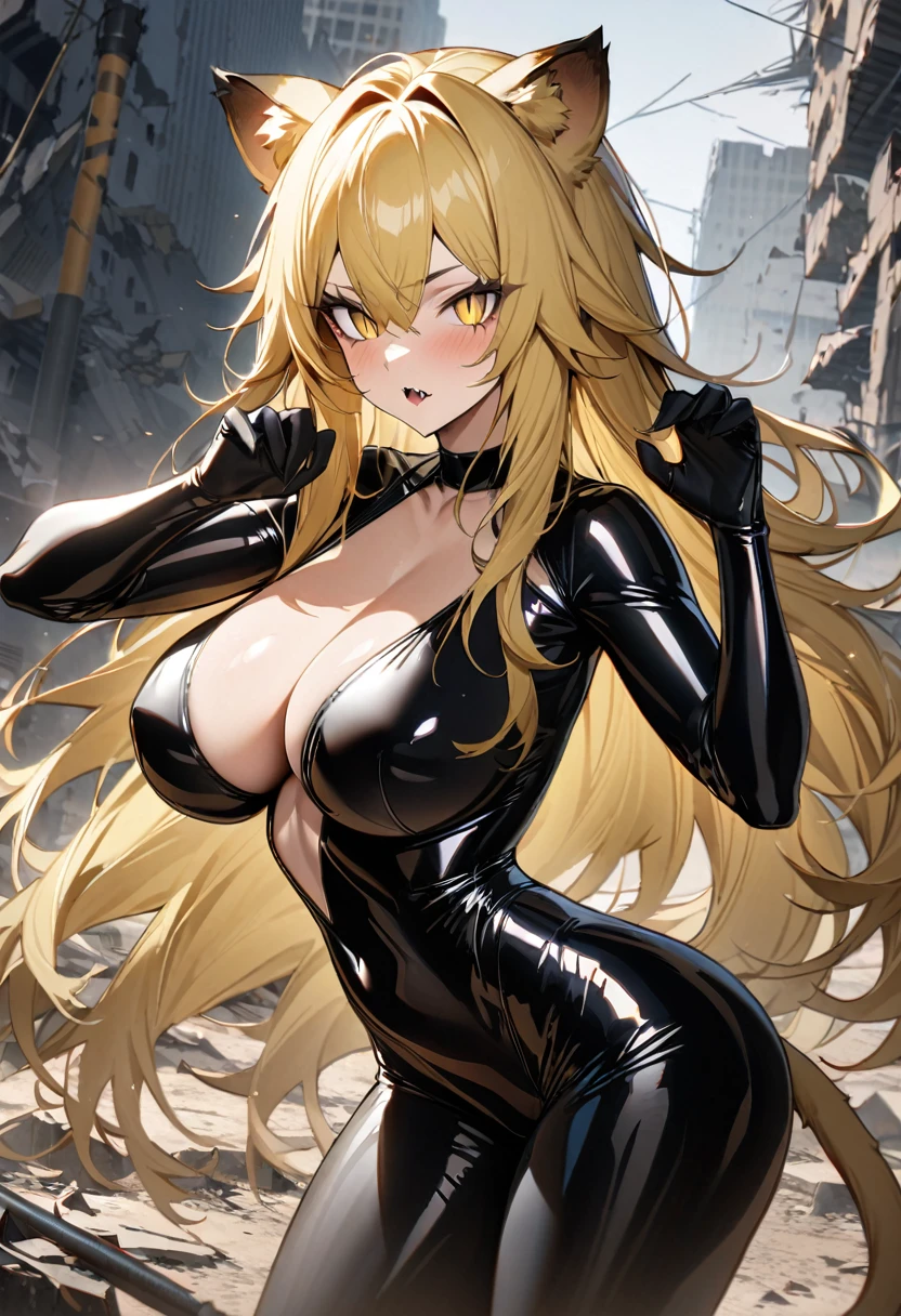 masterpiece, best quality, extremely detailed, 1girl, milf, solo, {siege_arknights:1.10}, huge breasts, (((animal_ears, lion_ears, (blonde_hair), long_hair, yellow_eyes, slit pupils))), parted lips, (((latex bodysuit))),  fangs, (destroyed buildings) , no cleavage , (cat pose:1.2)