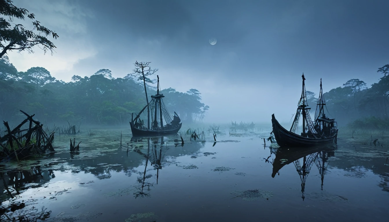 Swamp of the Dead In the misty swamp、Ruined ships and skeletons are scattered around。The souls of the dead float on the water's surface, emitting a pale light.、A low groan can be heard from deep within the swamp.。In the center stands a huge black tree.、There are countless glowing red eyes on its trunk.。Added a scene of fire burning