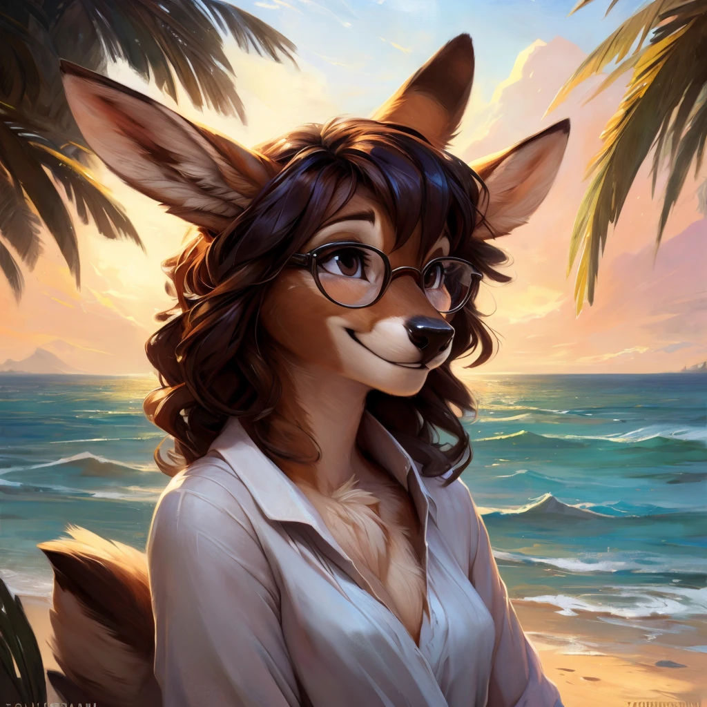 uploaded on e621, by Pixelsketcher, by Bayard Wu, by Thomas Benjamin Kennington , by Einshelm, by hioshiru and kenket, Chunie, portrait, solo anthro female deer doe, with small featureless breasts, clear dark blue, cinematic lighting, day, sunny day, beach, stays in the sea, sea background, mediterranean background, horizon background, shiny, short curly dark brown hair, wears big black nerd glasses, very very beautiful furry art, furry art, smiling, joyful, shiny, happy, feminine, cute face, muzzle, fluffy chest, flawless face, Fallow deer, 1girl, Sakimichan is beautiful, Masterpiece, Wavethesallow Face, shiny, Detailed image, portrait, Detailed image, portrait, full body, wearing wide, long, white blouse, shiny, realistic face, perfect anatomy, hourglass body, (furry body:1.1), anthropomorphic deer, small fluffy tail, detailed background, (cute anatomy:1.1), windy, smiling, very happy, happy