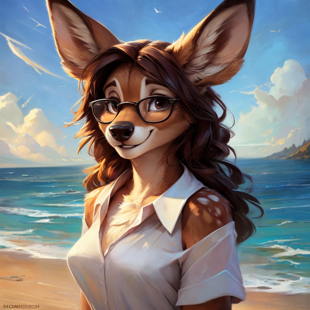 uploaded on e621, by Pixelsketcher, by Bayard Wu, by Thomas Benjamin Kennington , by Einshelm, by hioshiru and kenket, Chunie, portrait, solo anthro female deer doe, with small featureless breasts, clear dark blue, cinematic lighting, day, sunny day, beach, stays in the sea, sea background, mediterranean background, horizon background, shiny, short curly dark brown hair, wears big black nerd glasses, very very beautiful furry art, furry art, smiling, joyful, shiny, happy, feminine, cute face, muzzle, fluffy chest, flawless face, Fallow deer, 1girl, Sakimichan is beautiful, Masterpiece, Wavethesallow Face, shiny, Detailed image, portrait, Detailed image, portrait, full body, wearing wide, long, white blouse, shiny, realistic face, perfect anatomy, hourglass body, (furry body:1.1), anthropomorphic deer, small fluffy tail, detailed background, (cute anatomy:1.1), windy, smiling, very happy, happy
