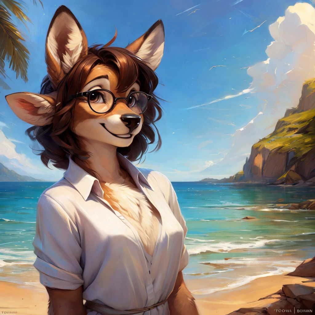 uploaded on e621, by Pixelsketcher, by Bayard Wu, by Thomas Benjamin Kennington , by Einshelm, by hioshiru and kenket, Chunie, portrait, solo anthro female deer doe, with small featureless breasts, clear dark blue, cinematic lighting, day, sunny day, beach, stays in the sea, sea background, mediterranean background, horizon background, shiny, short curly dark brown hair, wears big black nerd glasses, very very beautiful furry art, furry art, smiling, joyful, shiny, happy, feminine, cute face, muzzle, fluffy chest, flawless face, Fallow deer, 1girl, Sakimichan is beautiful, Masterpiece, Wavethesallow Face, shiny, Detailed image, portrait, Detailed image, portrait, full body, wearing wide, long, white blouse, shiny, realistic face, perfect anatomy, hourglass body, (furry body:1.1), anthropomorphic deer, small fluffy tail, detailed background, (cute anatomy:1.1), windy, smiling, very happy, happy
