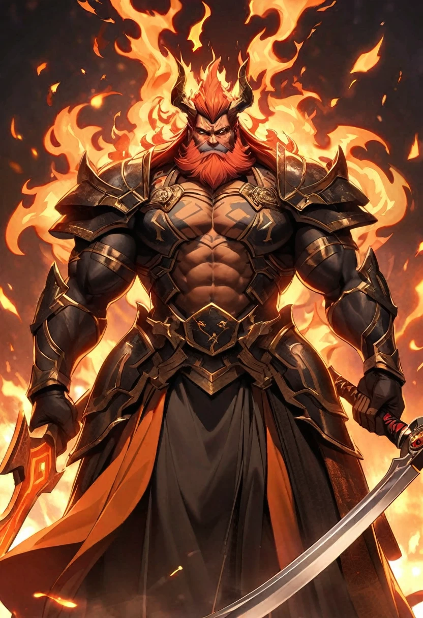 Hephaestus: God of Fire and Smithing
External Appearance:
Hephaestus is often depicted as a robust and muscular deity with fiery eyes and a thick beard. He may be adorned in armor or traditional Japanese attire, with his hands bearing the marks of blacksmithing. In his hands, he often holds a sword or forged weapon, and his presence is surrounded by an aura of warmth and flames, which are his symbols.
