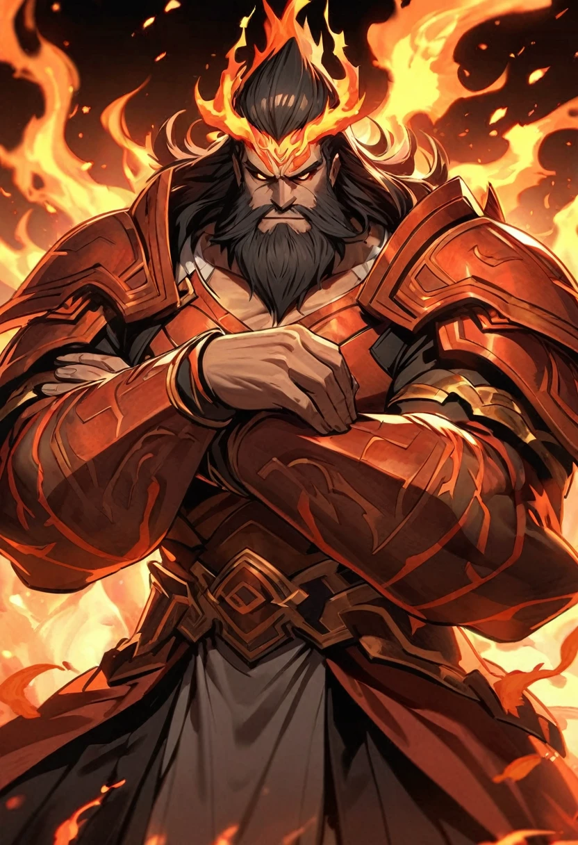 Hephaestus: God of Fire and Smithing
External Appearance:

Hephaestus is often depicted as a robust and muscular deity with fiery eyes and a thick beard. He may be adorned in armor or traditional Japanese attire, with his hands bearing the marks of blacksmithing. In his hands, he often holds a sword or forged weapon, and his presence is surrounded by an aura of warmth and flames, which are his symbols.