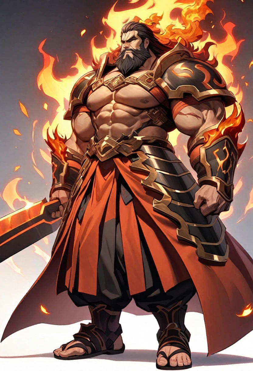 Hephaestus: God of Fire and Smithing
External Appearance:

Hephaestus is often depicted as a robust and muscular deity with fiery eyes and a thick beard. He may be adorned in armor or traditional Japanese attire, with his hands bearing the marks of blacksmithing. In his hands, he often holds a sword or forged weapon, and his presence is surrounded by an aura of warmth and flames, which are his symbols.