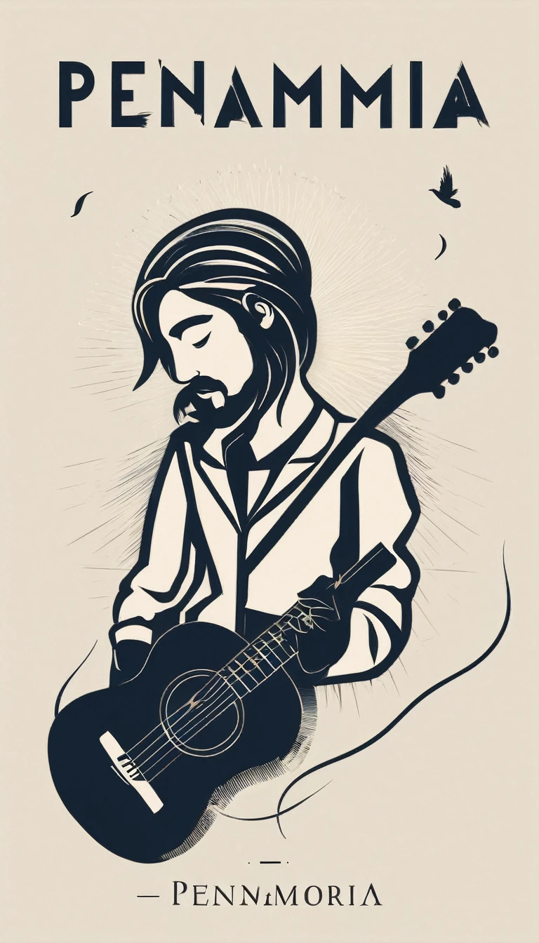A minimal, modern, simple, cinematic logotype for the brand “Penamemoria". The logotype must be a simple, magical feather and a boy playing acoustic guitar. The logo must convey a sense of music, stories and dreams. Logo design impressed on a book cover. Minimalistic logo