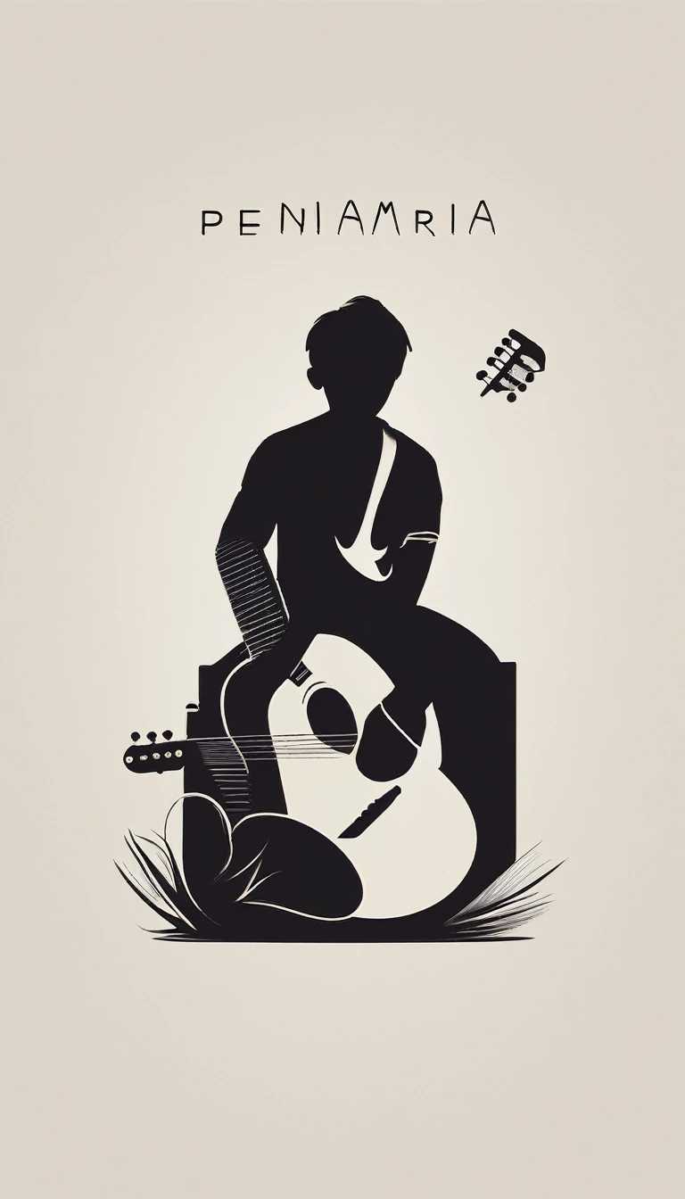 A minimal, modern, simple, cinematic logotype for the brand “Penamemoria". The logotype must be a simple, magical feather and a boy playing acoustic guitar. The logo must convey a sense of music, stories and dreams. Logo design impressed on a book cover. Minimalistic logo
